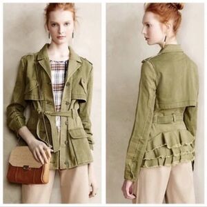 Anthropologie HEI HEI Olive Green Ruffle Jacket Size Small